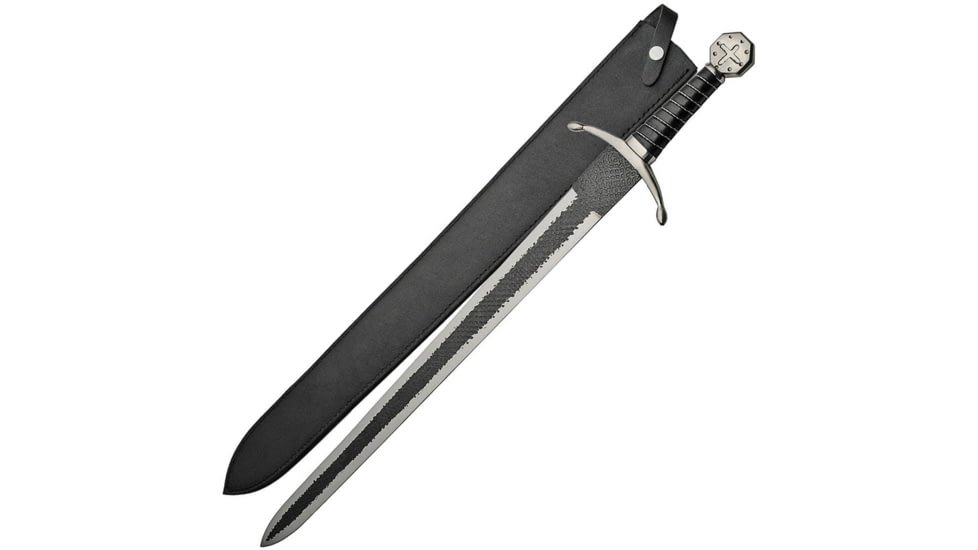 Pakistan Flint Crusader Sword, 33.5in Overall, 25in Two-Tone Finish SS Blade, Metal Alloy Guard And Pommel, Black Leather And Wire Wrapped Handle, Black Leather Sheath, Black, 901099