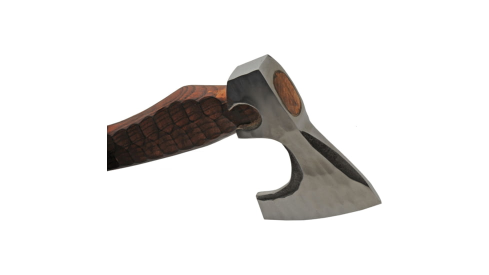 Pakistan Grooved Axe, 20in Overall, Hammered And Satin Stainless Axe Head, Sculpted Burnt Ash Wood Handle, Brown Leather Belt Sheath, 882463