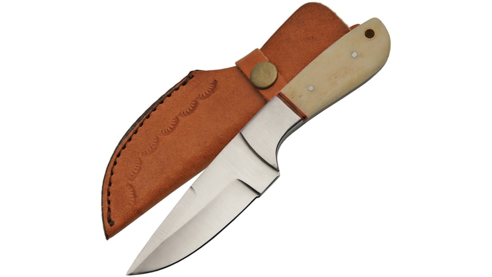 Pakistan Hunter Bone Brass Bolsters Fixed Blade Knife, 7.5in Overall, 3.5in Satin SS Drop Point, White Smooth Bone Handle, SS Guard, Brown Leather Belt Sheath, White, 203392