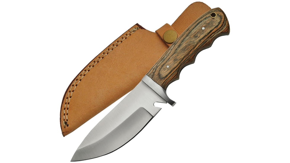 Pakistan Pakkawood Hunter Fixed Blade Knife, 9in Overall, 4.5in Satin SS Drop Point, Brown Finger Grooved Pakkawood Handle, 203359-WD