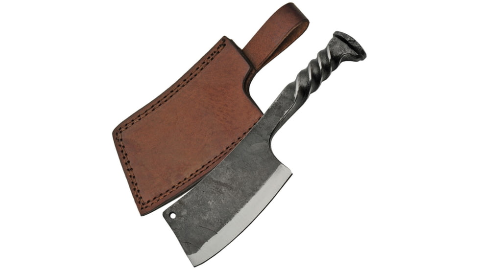 Pakistan Railroad Spike Cleaver Knife, 9in overall. 4.5in blade, Railroad Spike, Twisted handle, Brown Leather Sheath, HS-4416