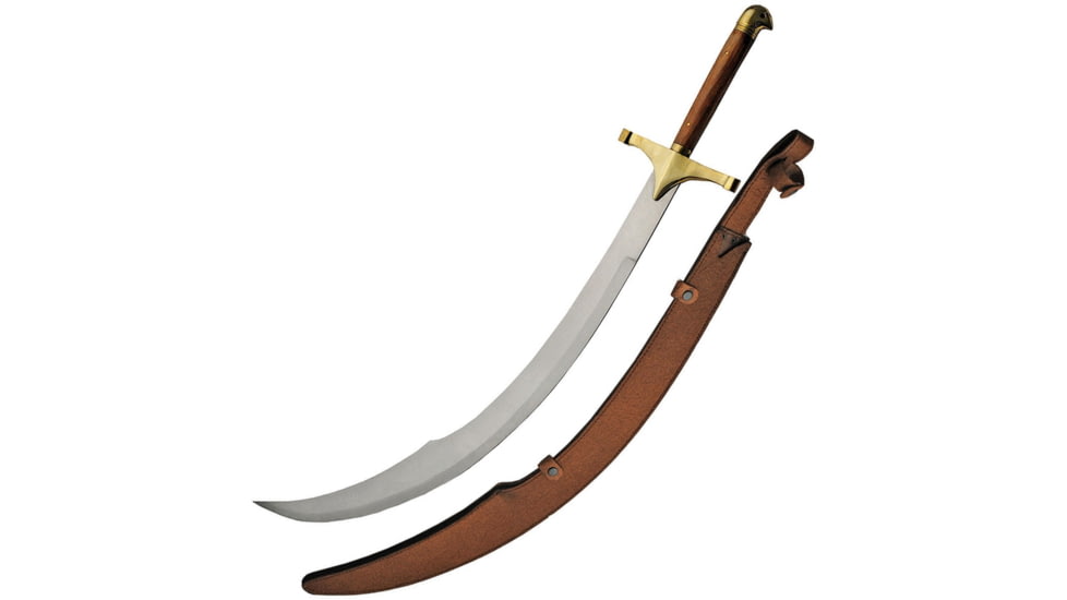Pakistan Scimitar/Belly Dancing Sword, 34in Overall, 27in SS Blade, Wood Handle, Brass Guard And Pommel, Brown Leather Sheath, 901148
