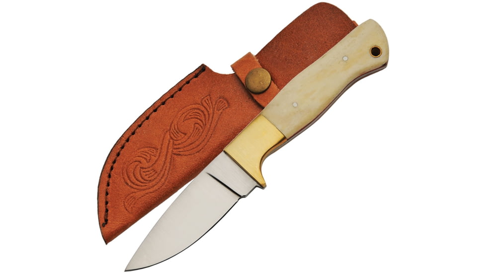 Pakistan Skinner Bone Brass Bolsters Fixed Blade Knife, 8.13in Overall, 3.5in Satin SS Drop Point, White Smooth Bone Handle, Brass Guard, Brown Leather Belt Sheath, White, 203389