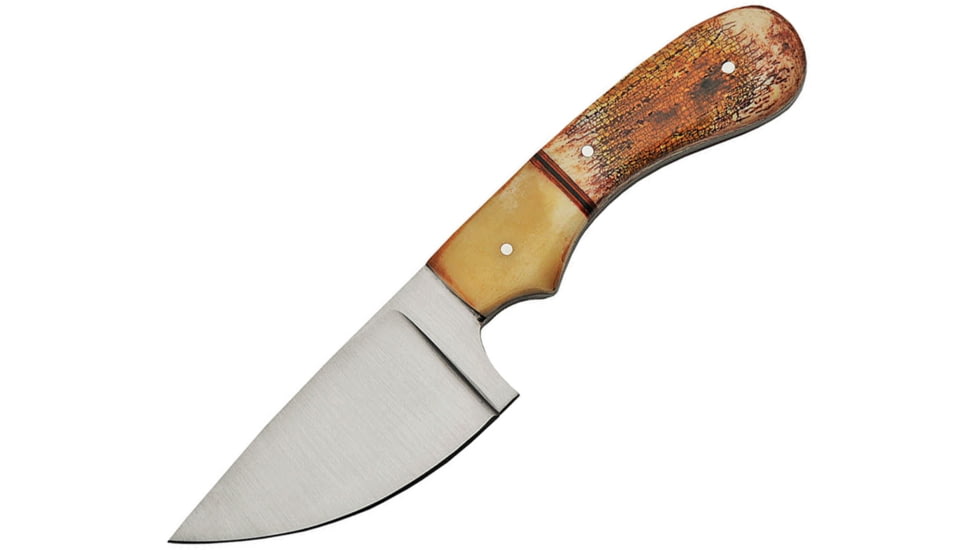 Pakistan Skinner Bone Fixed Blade Knife, 7in Overall, 3in Satin SS Blade, Bone Handle, Brown Leather Belt Sheath, 203401