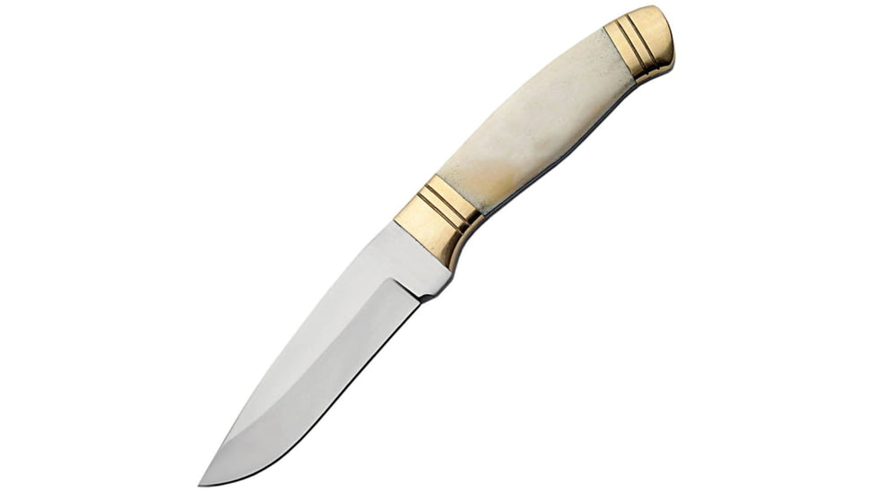 Pakistan Skinner Bone Knife, 8.25in Overall, 4in Satin SS Drop Point, White Smooth Bone Handle, Brass Guard, Brown Leather Sheath, DH-8002