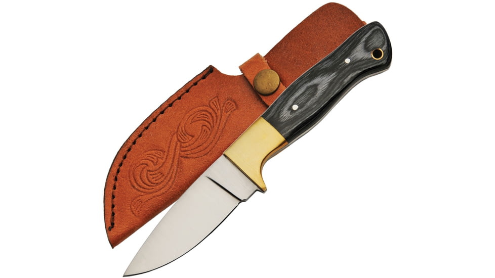 Pakistan Skinner Pakkawood Fixed Blade Knife, 8.13in Overall, 3.5in Satin SS Drop Point, Black Pakkawood Handle, Brass Guard, Brown Leather Belt Sheath, 203388