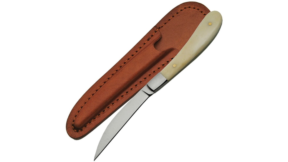 Pakistan Slim Line Skinner Knife, 6.13in Overall, 2.5in Satin SS Wharncliffe Blade, White Smooth Bone Handle, SS Bolster, Brown Leather Sheath, DH-8017