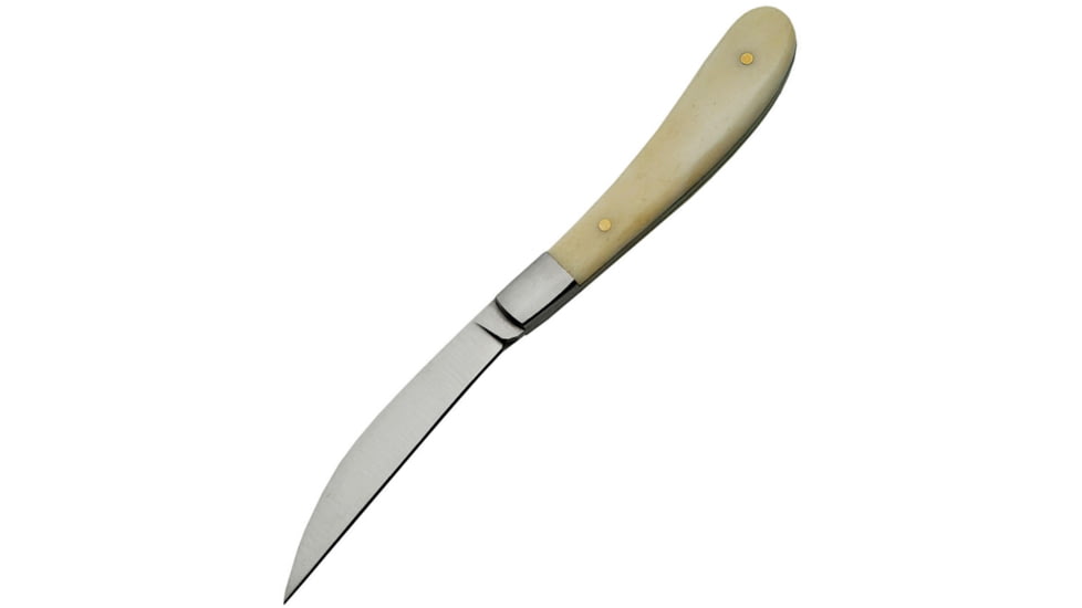 Pakistan Slim Line Skinner Knife, 6.13in Overall, 2.5in Satin SS Wharncliffe Blade, White Smooth Bone Handle, SS Bolster, Brown Leather Sheath, DH-8017
