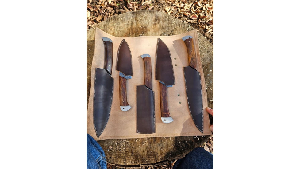 Paladin Damascus Fixed Balde Chef Set w/Leather Case, 5 Pieces, Damascus Steel, Wood, PE-5LCS-2004