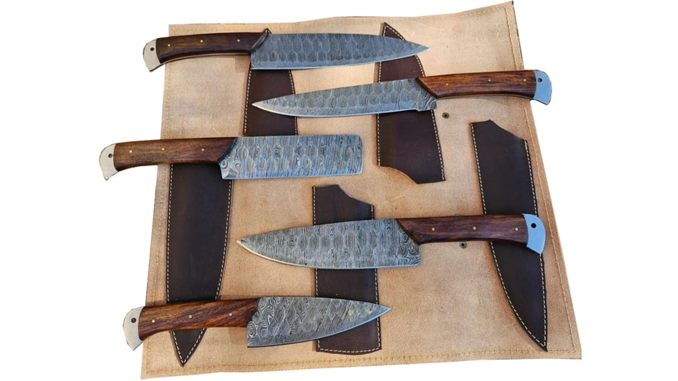 Paladin Damascus Fixed Balde Chef Set w/Leather Case, 5 Pieces, Damascus Steel, Wood, PE-5LCS-2004
