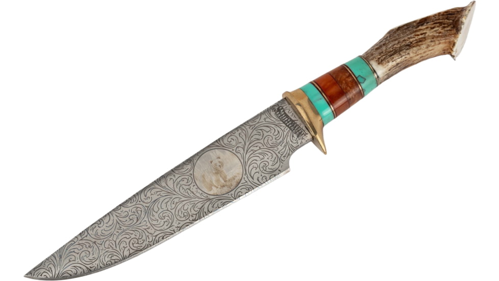 Paladin Fixed Blade Knife - Bear Engraving, 5in, Stainless Steel, Bowie, Brown Crown Stag Handle, PE-CS-8503-B