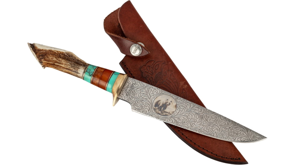 Paladin Fixed Blade Knife - Bear Engraving, 5in, Stainless Steel, Bowie, Brown Crown Stag Handle, PE-CS-8503-B