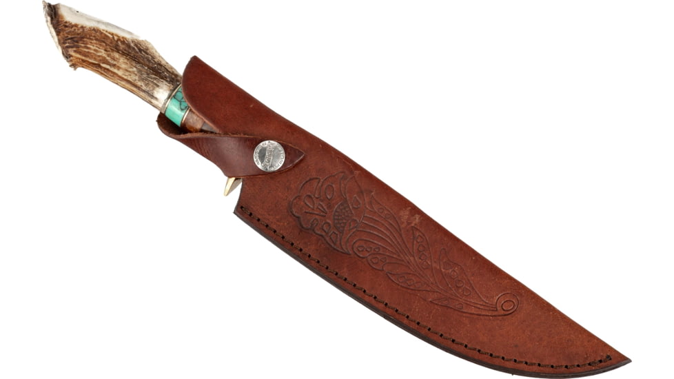 Paladin Fixed Blade Knife - Bear Engraving, 5in, Stainless Steel, Bowie, Brown Crown Stag Handle, PE-CS-8503-B
