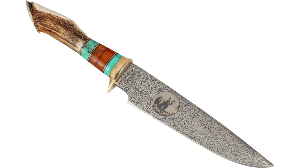 Paladin Fixed Blade Knife - Bear Engraving, 5in, Stainless Steel, Bowie, Brown Crown Stag Handle, PE-CS-8503-B
