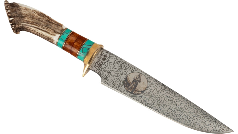 Paladin Fixed Blade Knife - Mountain Man Engraving, 5in, Stainless Steel, Bowie, Brown Crown Stag Handle, PE-CS-8503-MM