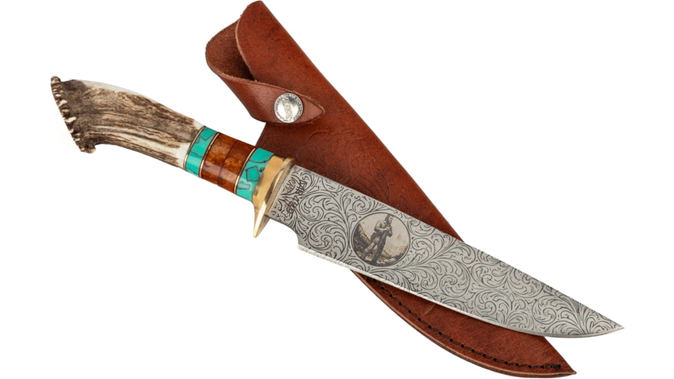 Paladin Fixed Blade Knife - Mountain Man Engraving, 5in, Stainless Steel, Bowie, Brown Crown Stag Handle, PE-CS-8503-MM