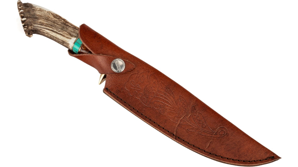 Paladin Fixed Blade Knife - Mountain Man Engraving, 5in, Stainless Steel, Bowie, Brown Crown Stag Handle, PE-CS-8503-MM
