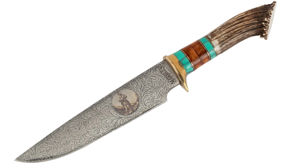 Paladin Fixed Blade Knife - Mountain Man Engraving, 5in, Stainless Steel, Bowie, Brown Crown Stag Handle, PE-CS-8503-MM