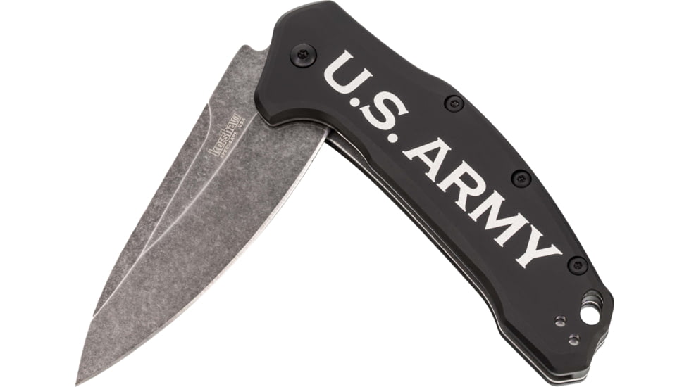 Paladin Kershaw Link 3.25in Assisted Opening Folding Knife - Army Engraving, 3.25in, Stainless Steel, Drop Point, Black, PE-KER-8510-ARM