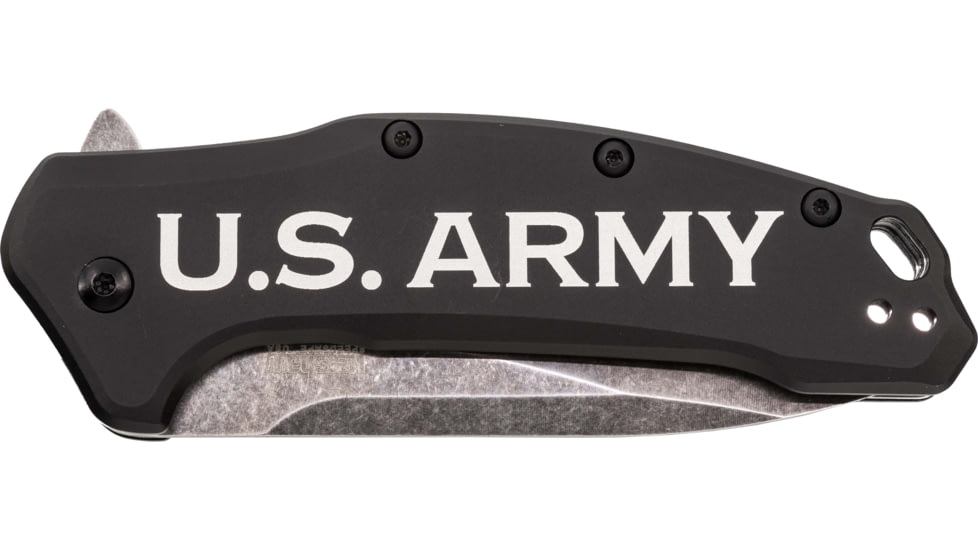 Paladin Kershaw Link 3.25in Assisted Opening Folding Knife - Army Engraving, 3.25in, Stainless Steel, Drop Point, Black, PE-KER-8510-ARM