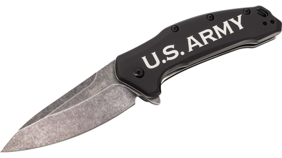 Paladin Kershaw Link 3.25in Assisted Opening Folding Knife - Army Engraving, 3.25in, Stainless Steel, Drop Point, Black, PE-KER-8510-ARM