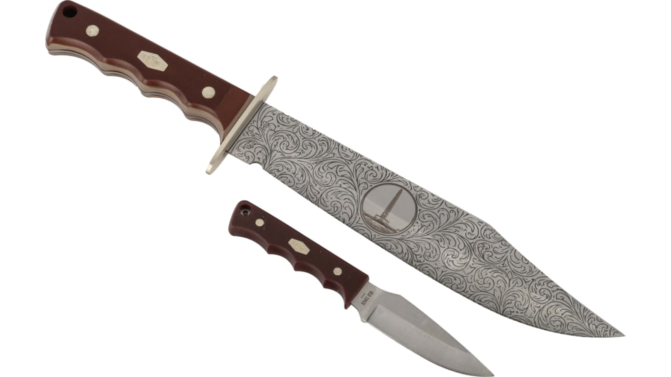 Paladin Old Timer Fixed Blade Combo Knife Set - Monumnet, Stainless Steel, Drop Point, Brown Sawcut Synthetic Handle, PE-OT-8506-M