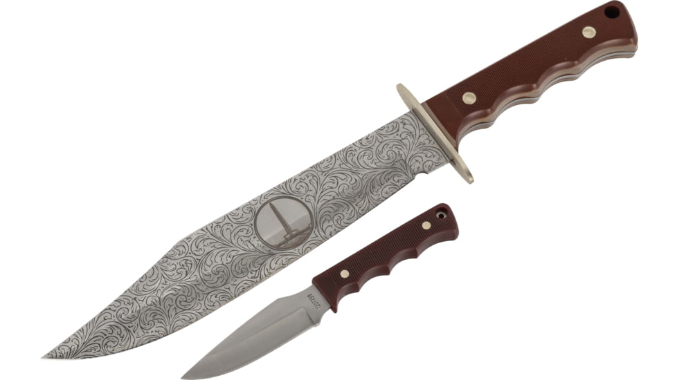 Paladin Old Timer Fixed Blade Combo Knife Set - Monumnet, Stainless Steel, Drop Point, Brown Sawcut Synthetic Handle, PE-OT-8506-M