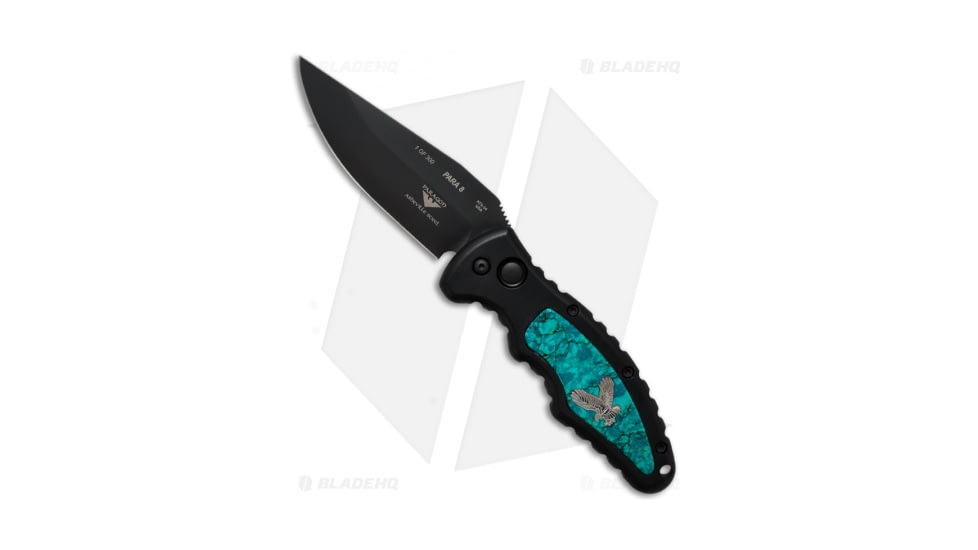 Paragon Custom Turquoise Automatic Folding Knife, 3.50in, ATS-34 Steel, Clip Point Blade, Aluminum Black/Teal Handle, Black/Black/Teal, 8.00in, BHQ-6606