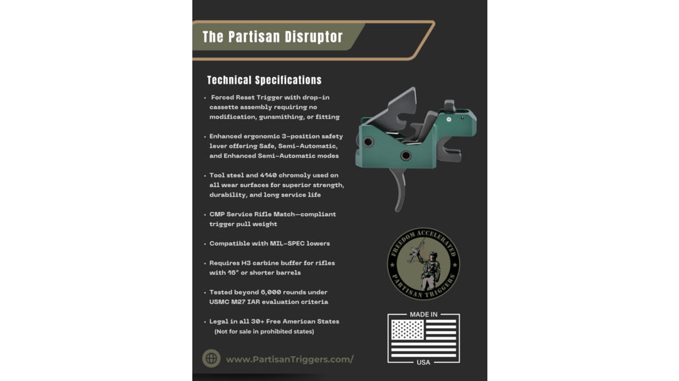 Partisan Triggers Disruptor AR-15 FRT 3 Position Drop In Forced Reset Rifle Trigger, Curved, 3.75-4.1lb, Black, 1