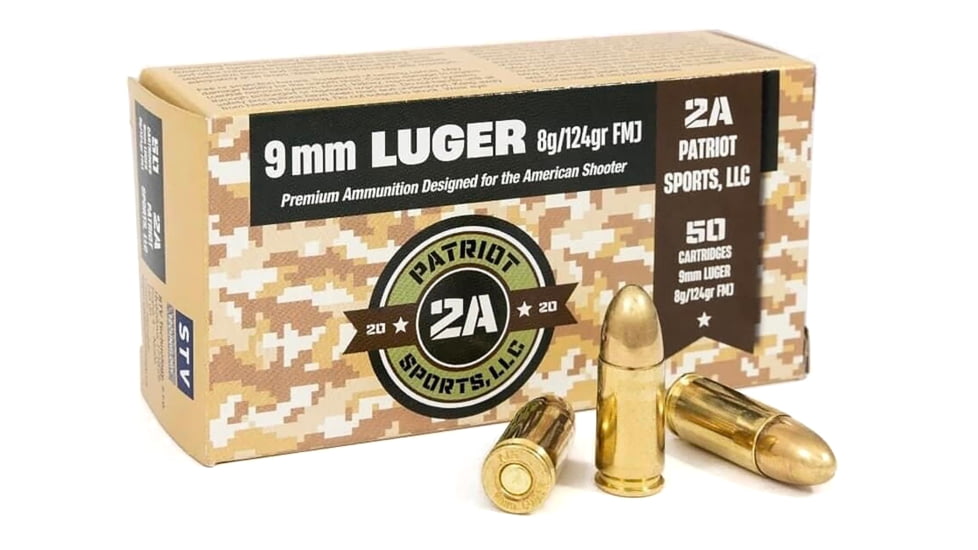 Patriot Sports, USA 9mm Luger 124 Grain Full Metal Jacket Brass Cased Pistol Ammo, 50 Rounds, P9MM124F