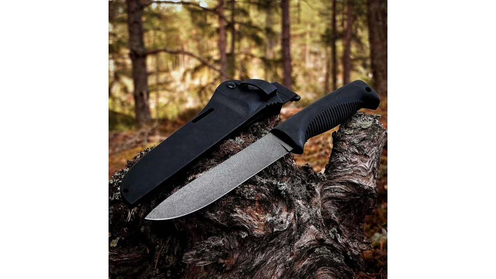 Peltonen Knives M95 Ranger Puukko Knife, 9.88in Overall, 6in Black PTFE Coated 80CrV2 Carbon Steel Blade, Black TPE Handle, Black Composite Belt Sheath, FJP144