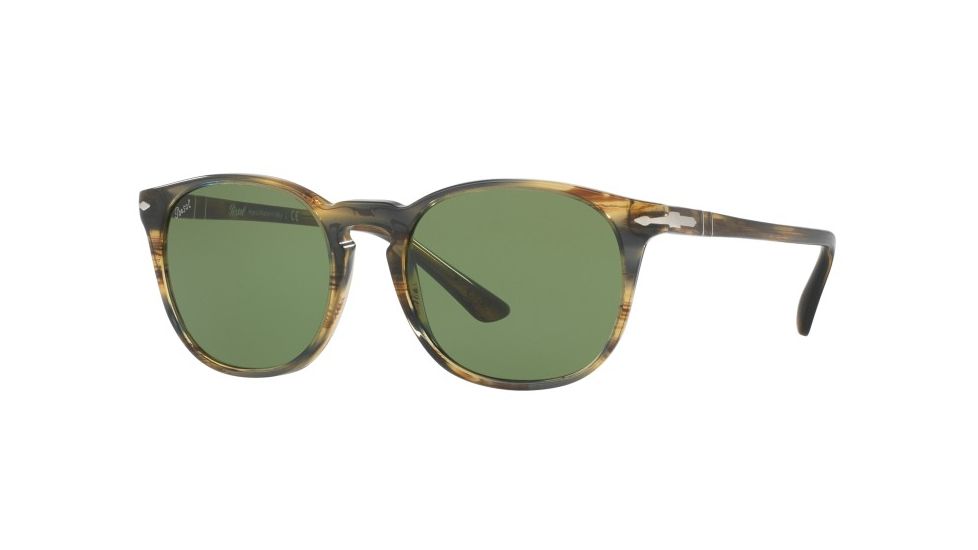 Persol PO3007S Sunglasses 10494E-53 - Striped Brown Grey Frame, Green Lenses