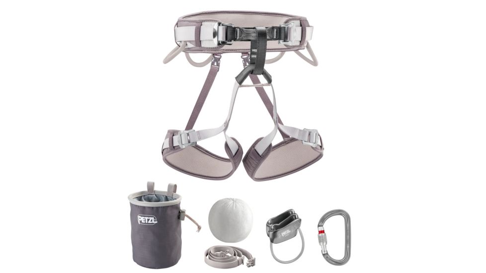 Petzl Corax Harness Kit w/ CORAX Harness, Am'D Belay System, VERSO Inserter, BANDI Chalk Bag, and Power Ball, Grey, 2, K030CA01