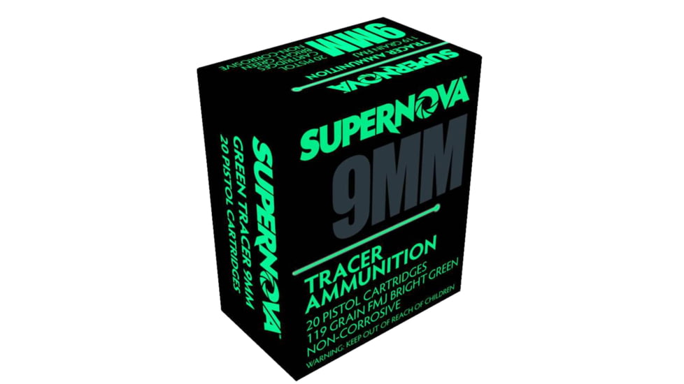 Supernova PMSN9MMG Green Tracer Non Corrosive 9mm Luger 119 Gr Full Metal Jacket FMJ 20 Per Box/ 10 Cs, PMSN9MMG