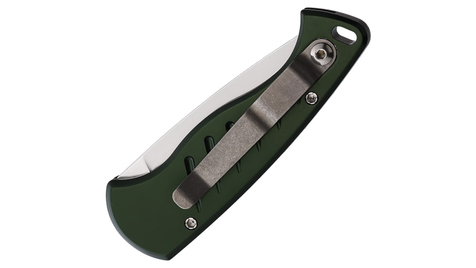 Piranha Knives Auto Fingerling Automatic Folding Knife, 2.5in, 154CM, Plain Blade, Mirror Finish, Green Aluminum Handle, P-2G