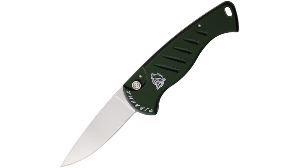 Piranha Knives Auto Fingerling Automatic Folding Knife, 2.5in, 154CM, Plain Blade, Mirror Finish, Green Aluminum Handle, P-2G