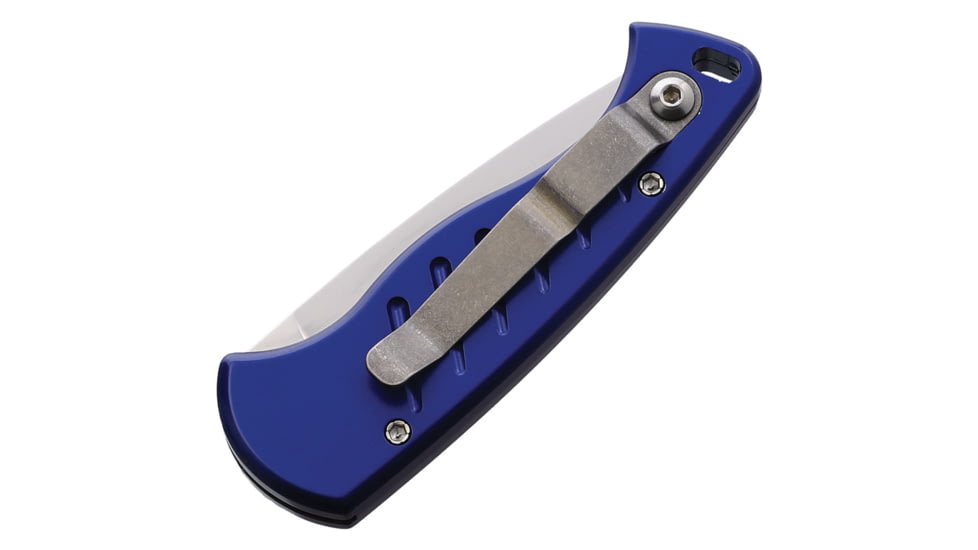 Piranha Knives Auto Fingerling Automatic Folding Knife, 2.5in, 154CM, Plain Blade, Mirror Finish, Blue Aluminum Handle, P-2B