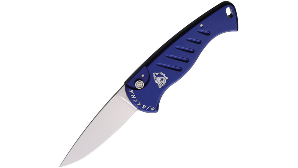 Piranha Knives Auto Fingerling Automatic Folding Knife, 2.5in, 154CM, Plain Blade, Mirror Finish, Blue Aluminum Handle, P-2B