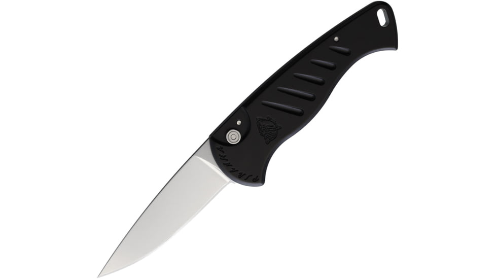 Piranha Knives Auto Fingerling Automatic Folding Knife, 2.5in, 154CM, Plain Blade, Satin, Black, Anodized Aluminum Handle, P-2BK