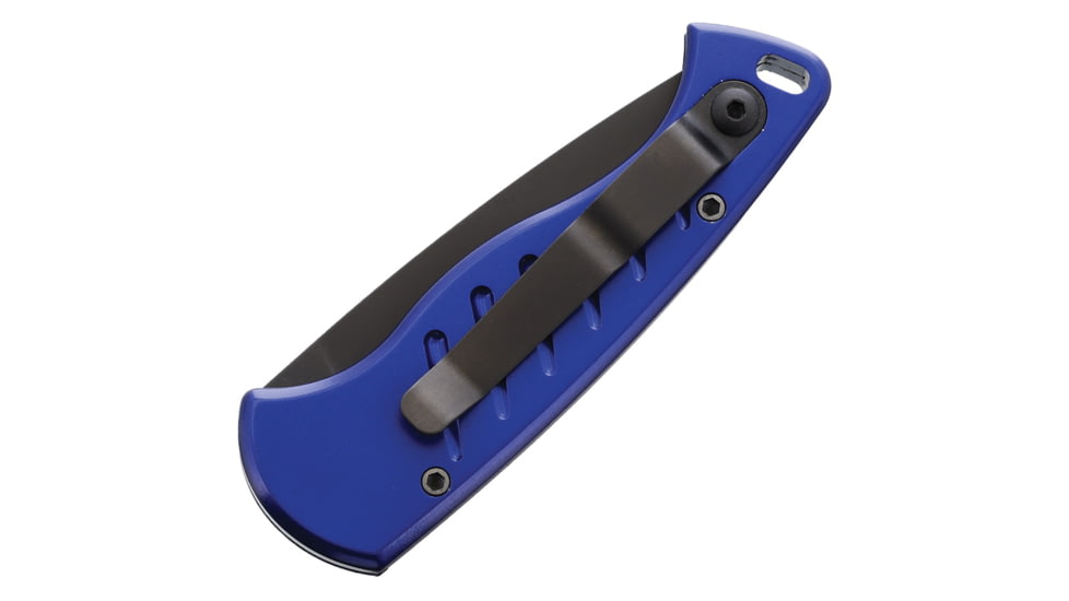 Piranha Knives Auto Fingerling Automatic Folding Knife, 2.5in, 154CM, Plain Blade, Black Oxide, Blue Anodized Aluminum Handle, P-2BT