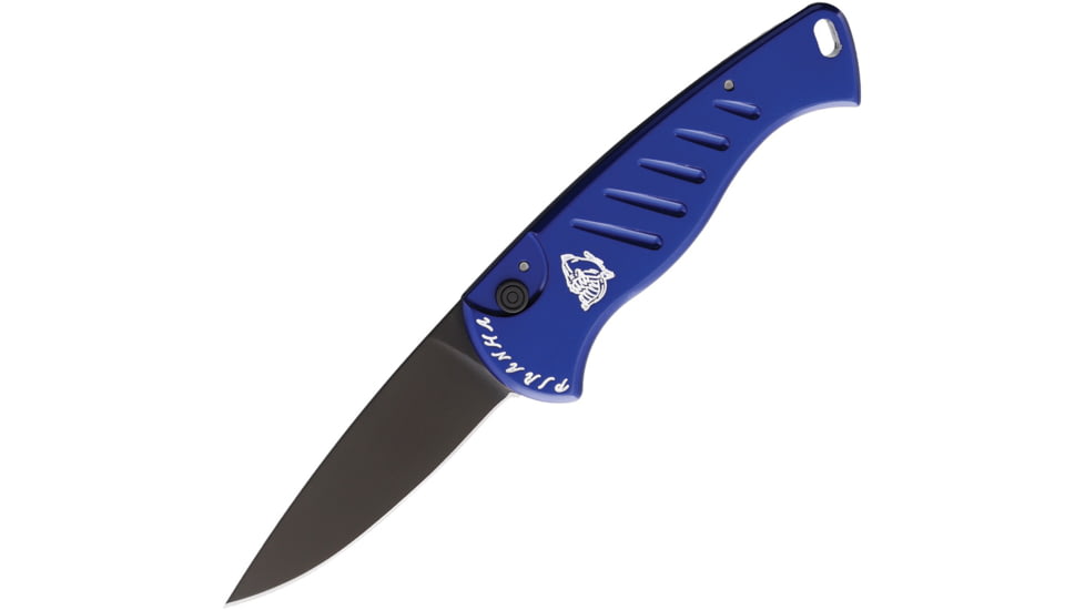 Piranha Knives Auto Fingerling Automatic Folding Knife, 2.5in, 154CM, Plain Blade, Black Oxide, Blue Anodized Aluminum Handle, P-2BT