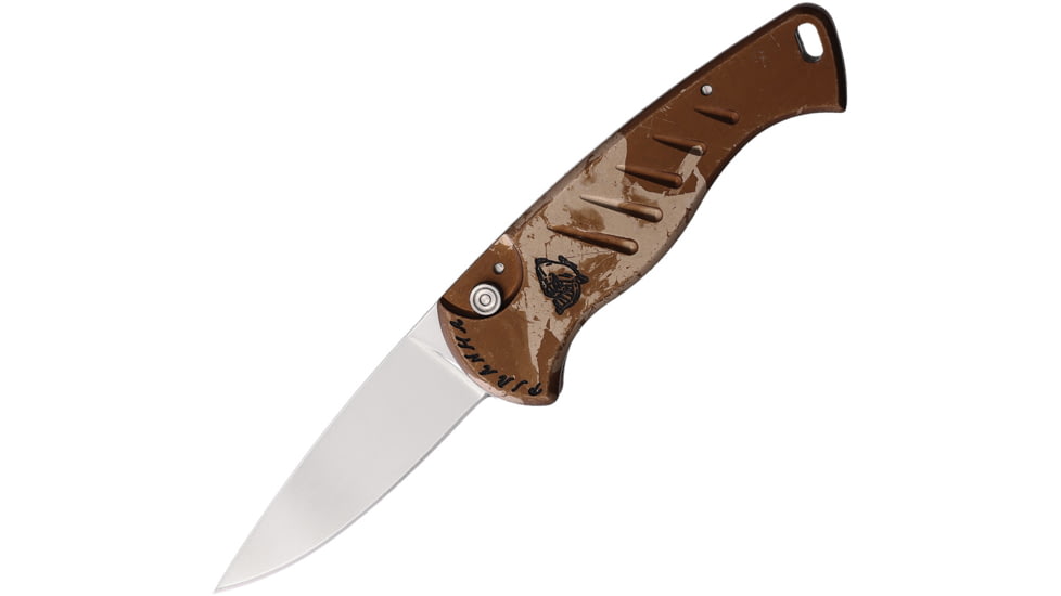 Piranha Knives Auto Fingerling Automatic Folding Knife, 2.5in, 154CM, Plain Blade, Mirror Finish, Tan Camo Aluminum Handle, P-2C