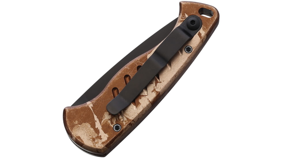 Piranha Knives Auto Fingerling Automatic Folding Knife, 2.5in, 154CM, Plain Blade, Black Oxide, Tan Camo Aluminum Handle, P-2CT