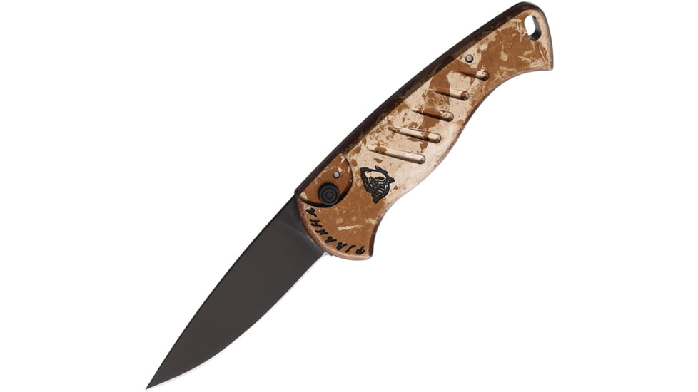 Piranha Knives Auto Fingerling Automatic Folding Knife, 2.5in, 154CM, Plain Blade, Black Oxide, Tan Camo Aluminum Handle, P-2CT