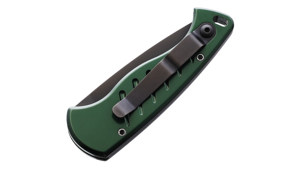 Piranha Knives Auto Fingerling Automatic Folding Knife, 2.5in, 154CM, Plain Blade, Black Finish, Green Aluminum Handle, P-2GT