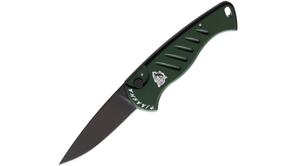 Piranha Knives Auto Fingerling Automatic Folding Knife, 2.5in, 154CM, Plain Blade, Black Finish, Green Aluminum Handle, P-2GT