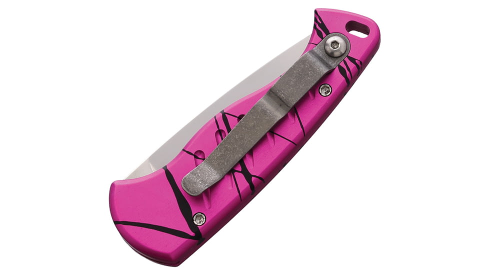 Piranha Knives Auto Fingerling Automatic Folding Knife, 2.5in, 154CM, Plain Blade, Mirror Finish, Black/Pink Anodized Aluminum Handle, P-2PK