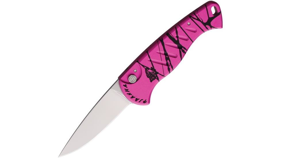 Piranha Knives Auto Fingerling Automatic Folding Knife, 2.5in, 154CM, Plain Blade, Mirror Finish, Black/Pink Anodized Aluminum Handle, P-2PK