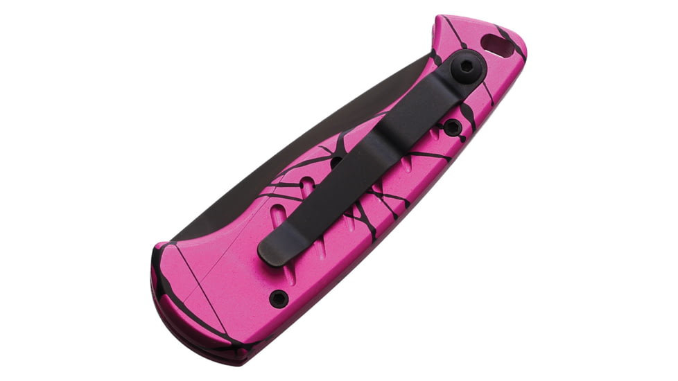 Piranha Knives Auto Fingerling Automatic Folding Knife, 2.5in, 154CM, Plain Blade, Black Oxide, Black/Pink Aluminum Handle, P-2PKT