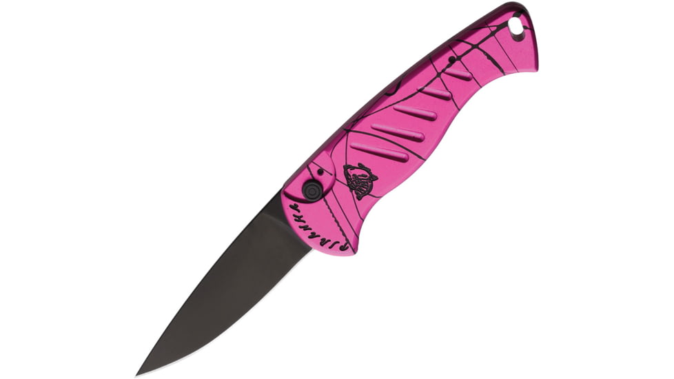 Piranha Knives Auto Fingerling Automatic Folding Knife, 2.5in, 154CM, Plain Blade, Black Oxide, Black/Pink Aluminum Handle, P-2PKT